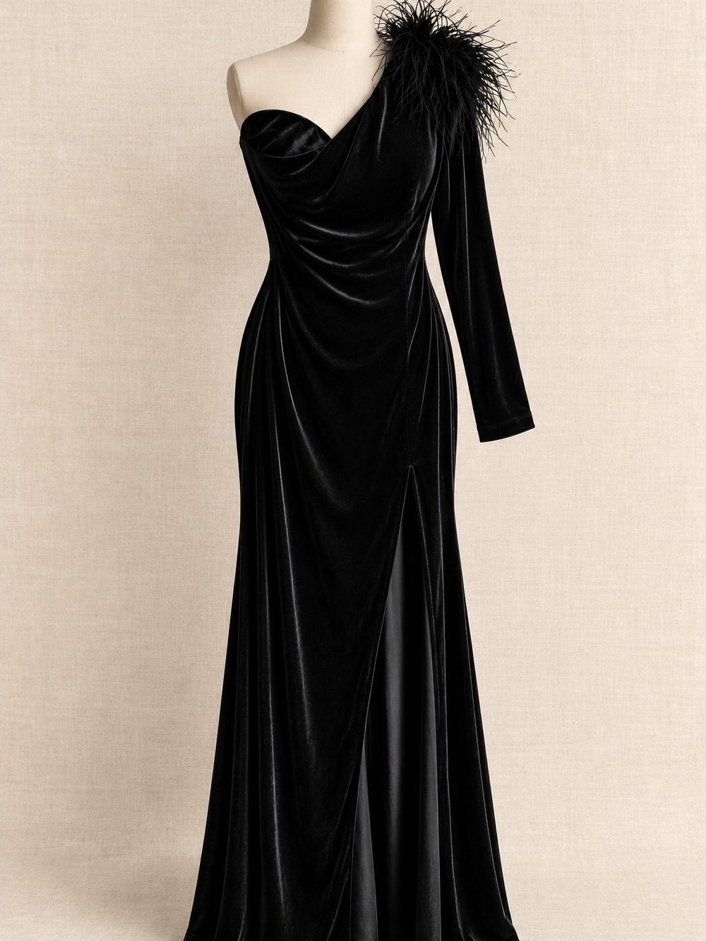 Fashion Nova One-Shoulder Black Velvet Gown with Feather Accent